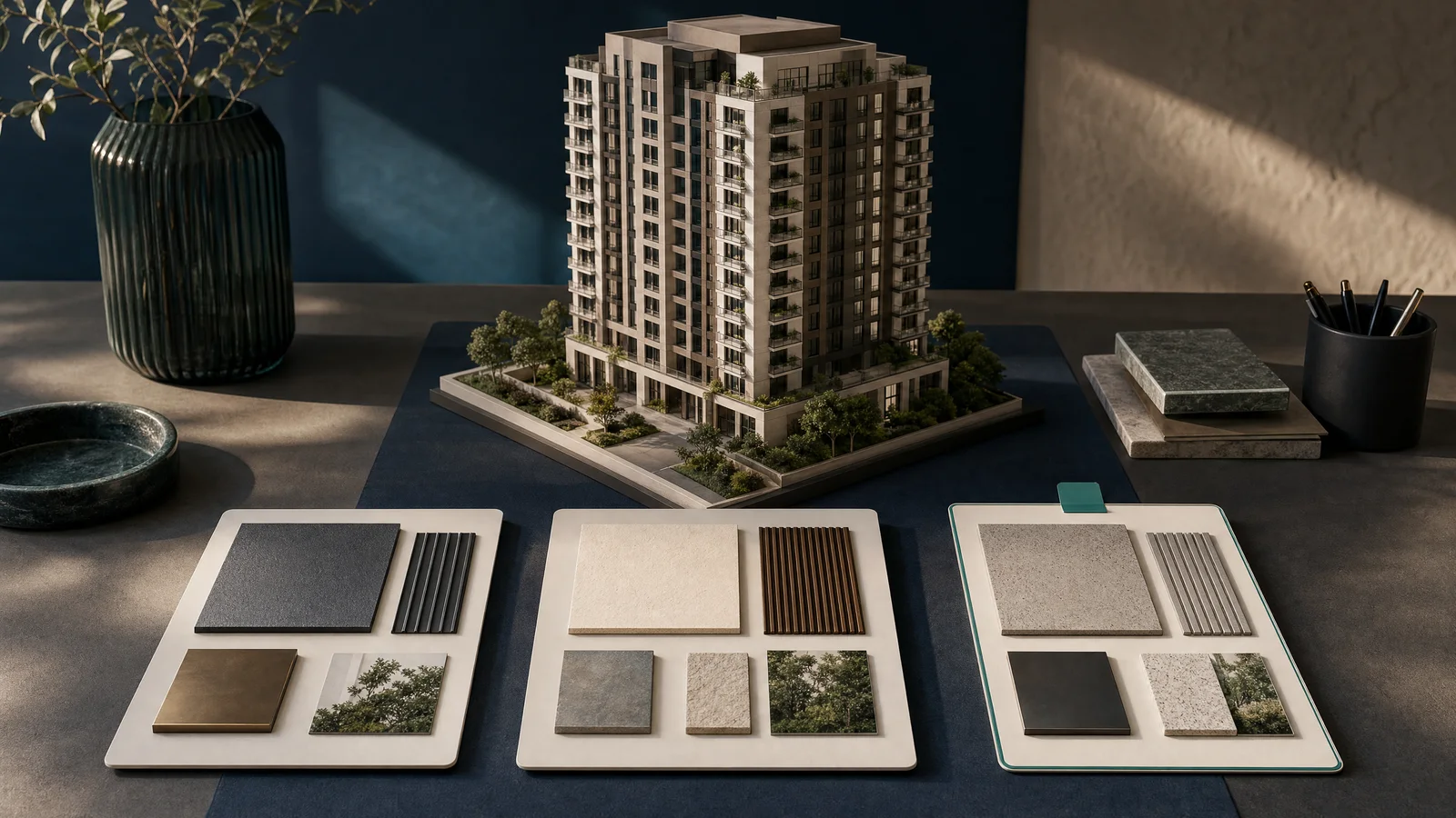 A developer compares software options beside a residential project model.