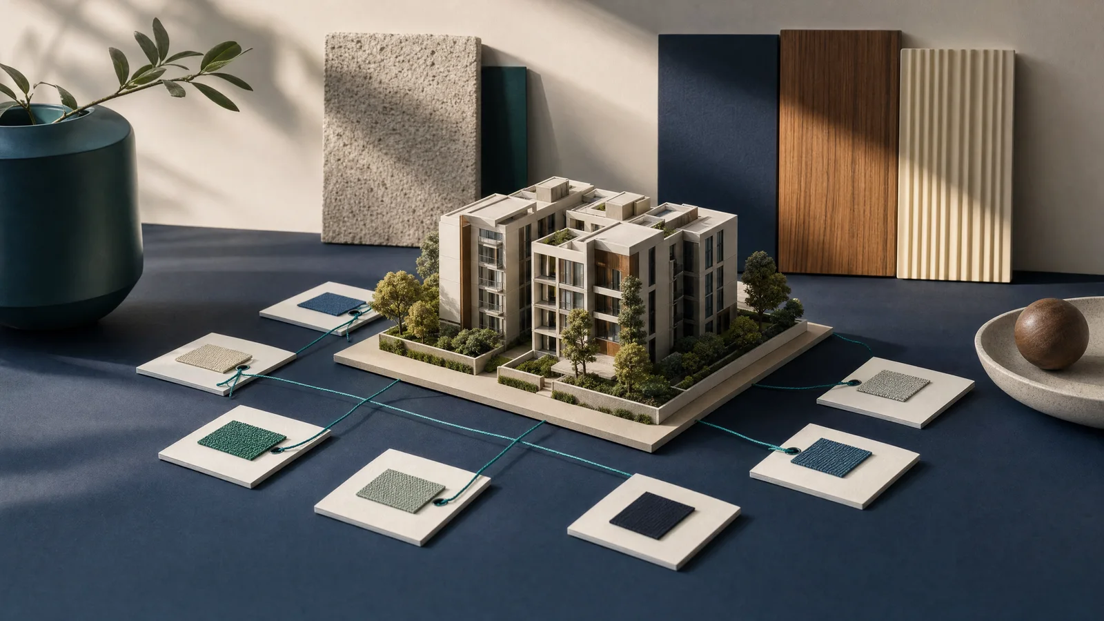 Partner cards around a residential project model represent developer and broker coordination.