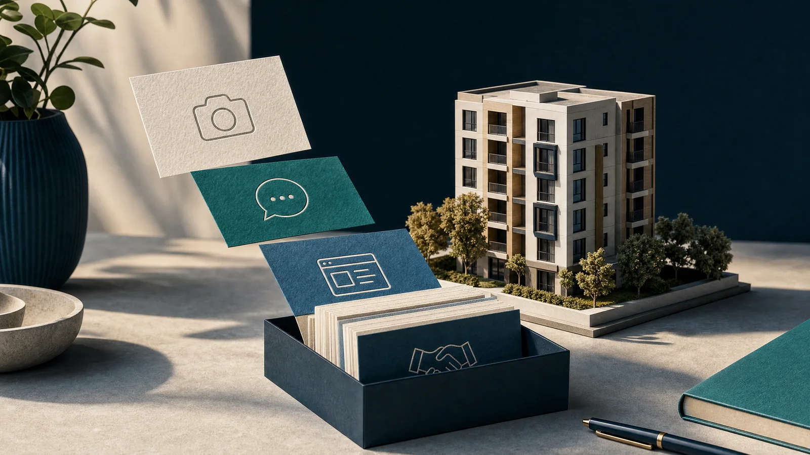 Social, website, conversation and broker enquiry cards converge into an organized lead tray.