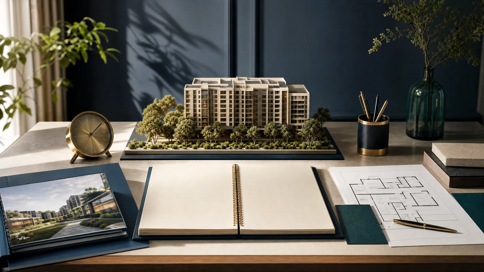 Project model, calendar, floor plan and clock illustrate preparation for an off-plan launch.