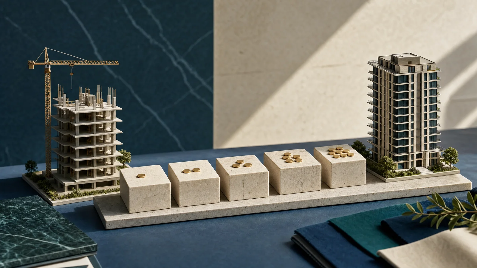 Milestone blocks between a construction model and completed tower illustrate staged property payments.