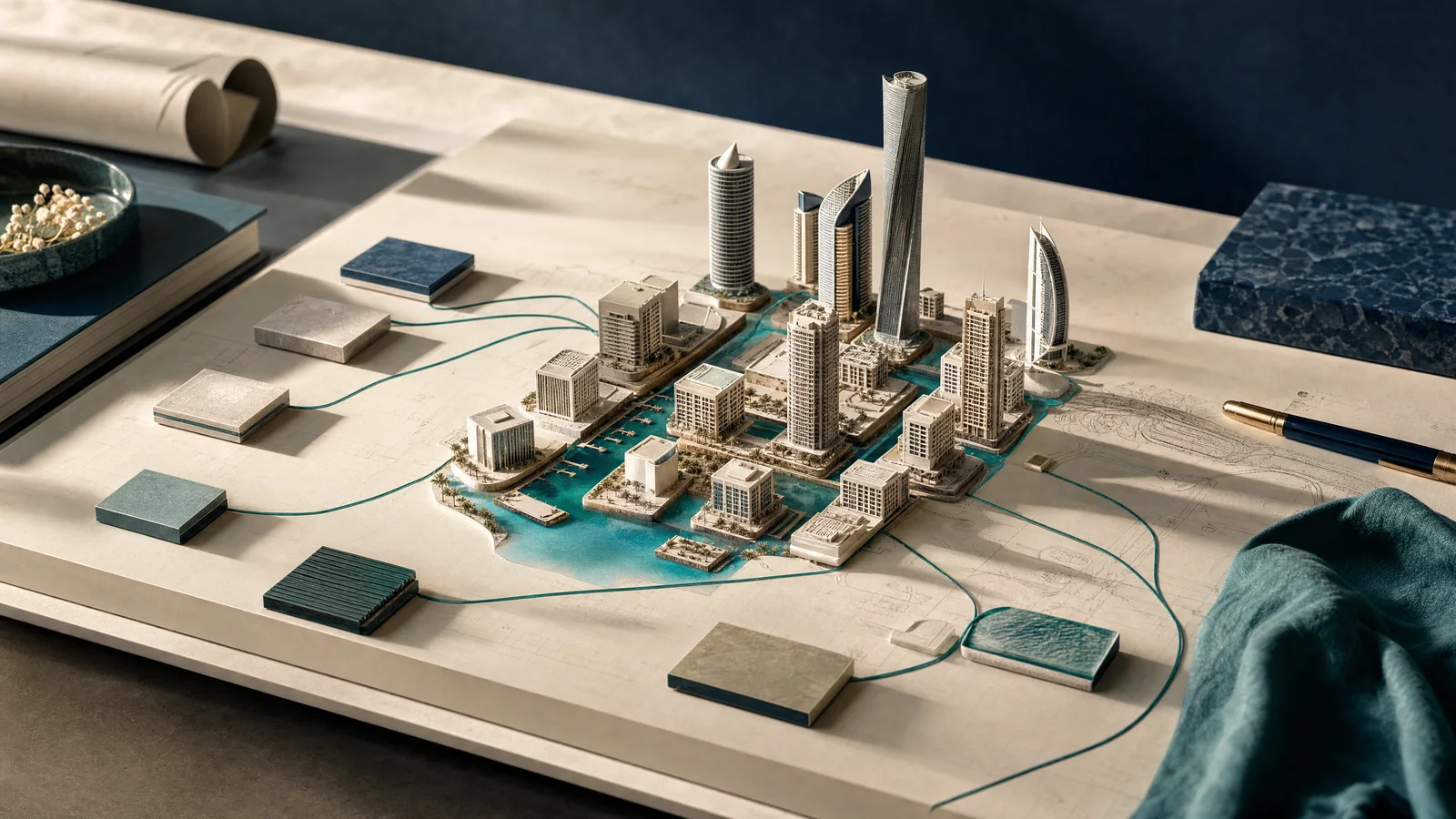 A Gulf city model with connected planning tiles illustrates property technology workflows.