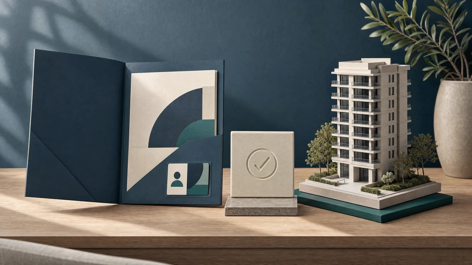 Onboarding folder, approval tile and property model illustrate broker operations.