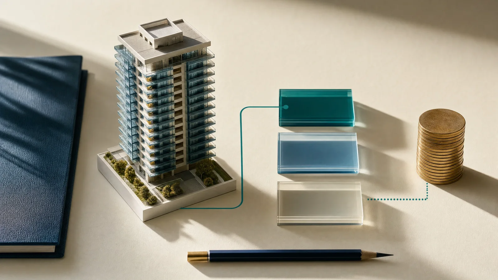 Architectural model beside separate ledger tiles and coins, illustrating commission calculation and payment as different stages.