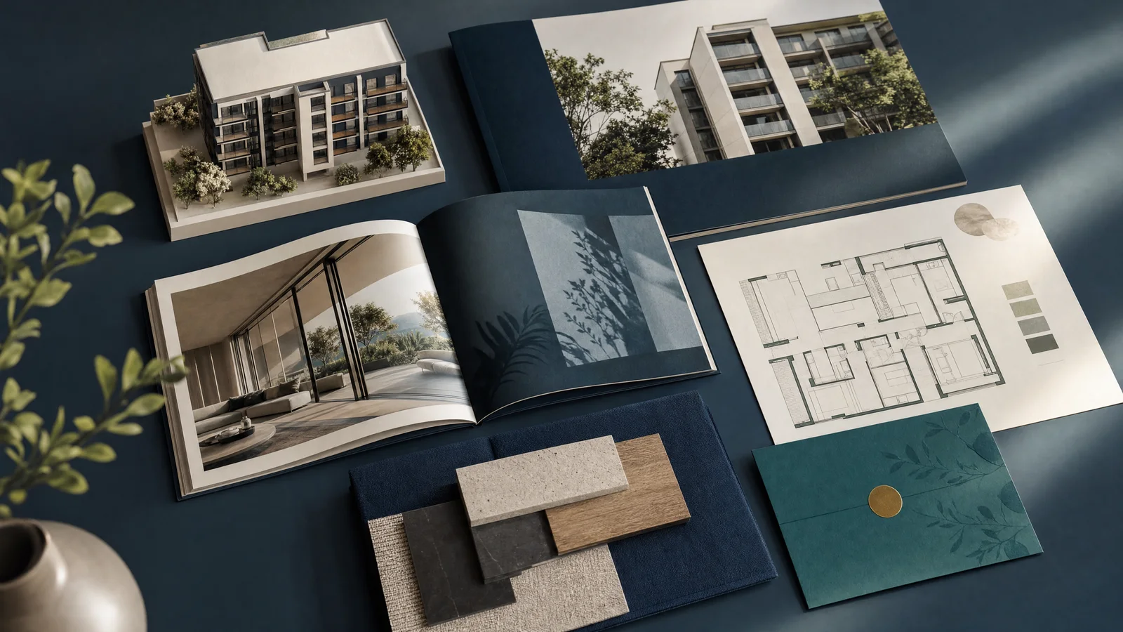 Architectural model, brochure, floor plan and invitation card form a developer project marketing kit.