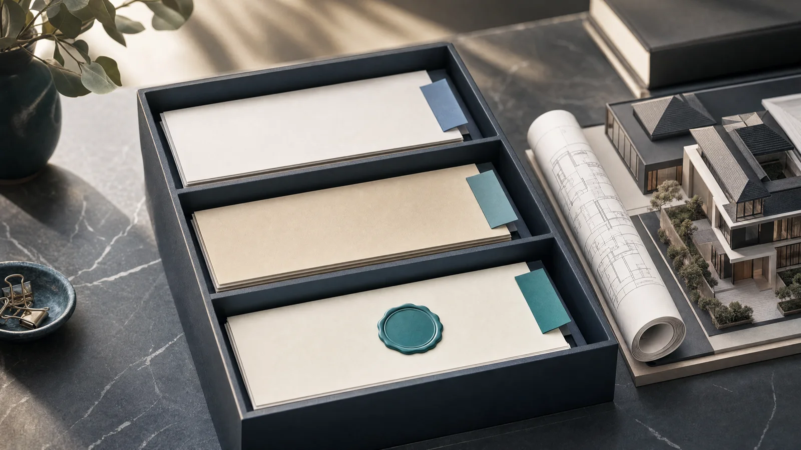 Versioned document folders and a floor plan illustrate controlled property document management.