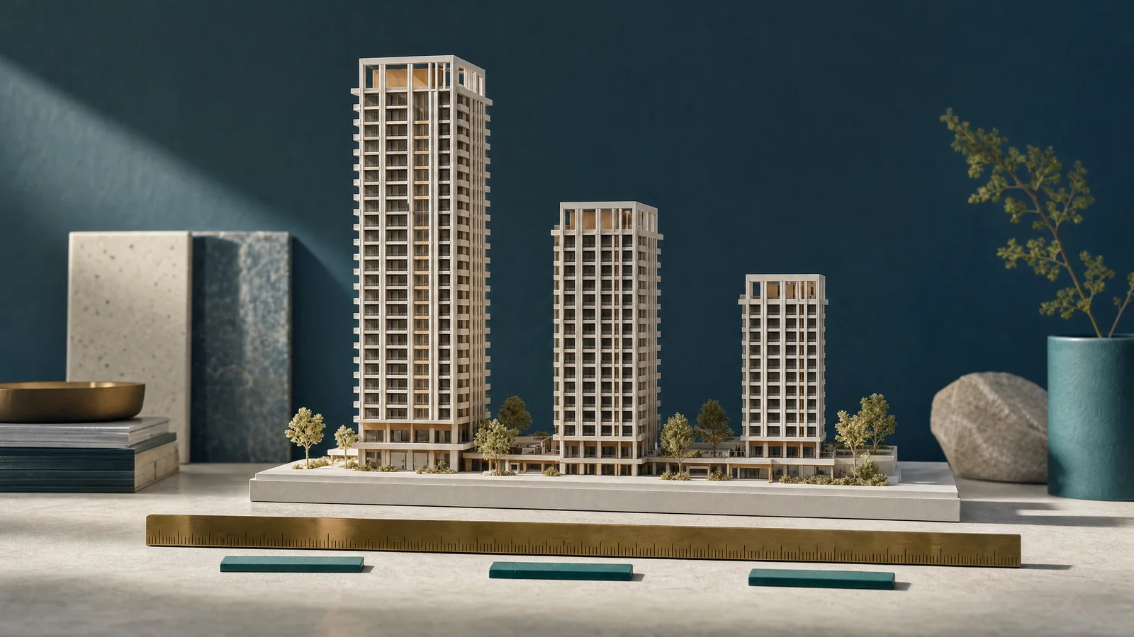Three architectural towers and a measuring rule represent sales targets and measured attainment.