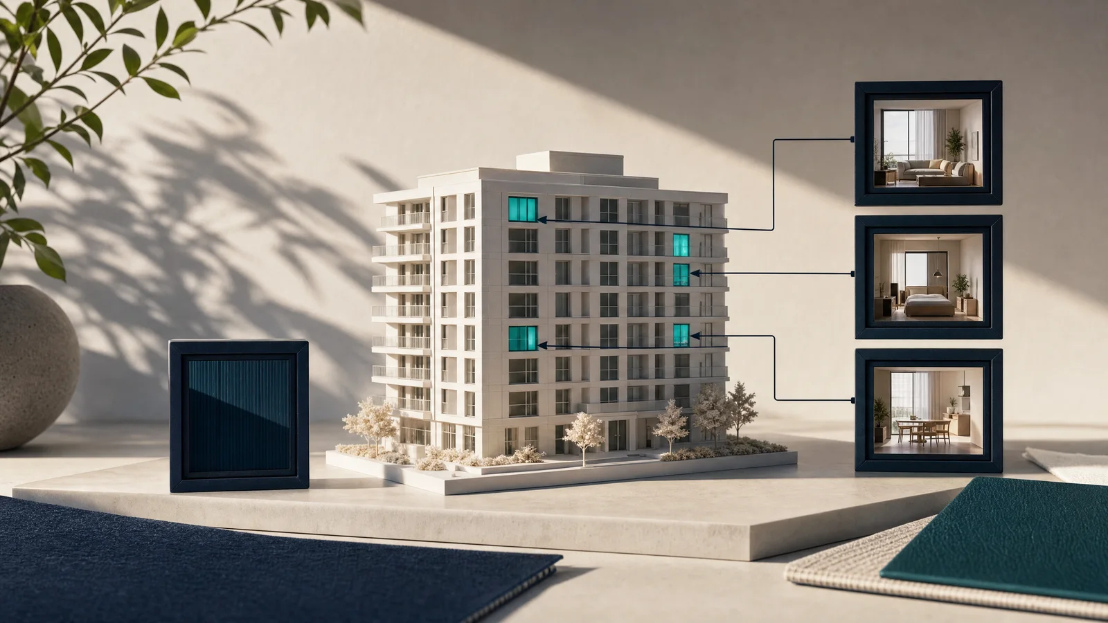 Selected apartments connect to individual viewing frames, illustrating controlled broker access to inventory.
