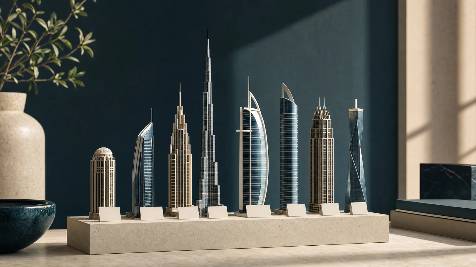 Dubai-inspired architectural models and catalog cards illustrate comparing property developers.