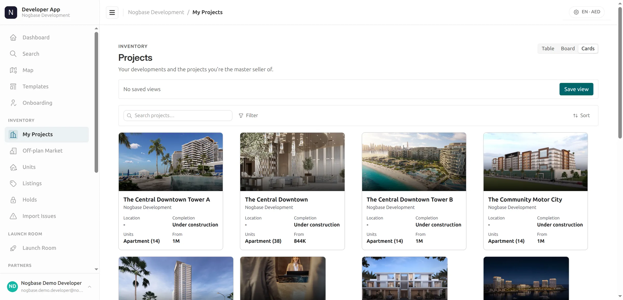 Nogbase Developer App — project inventory with renders, unit counts, and starting prices